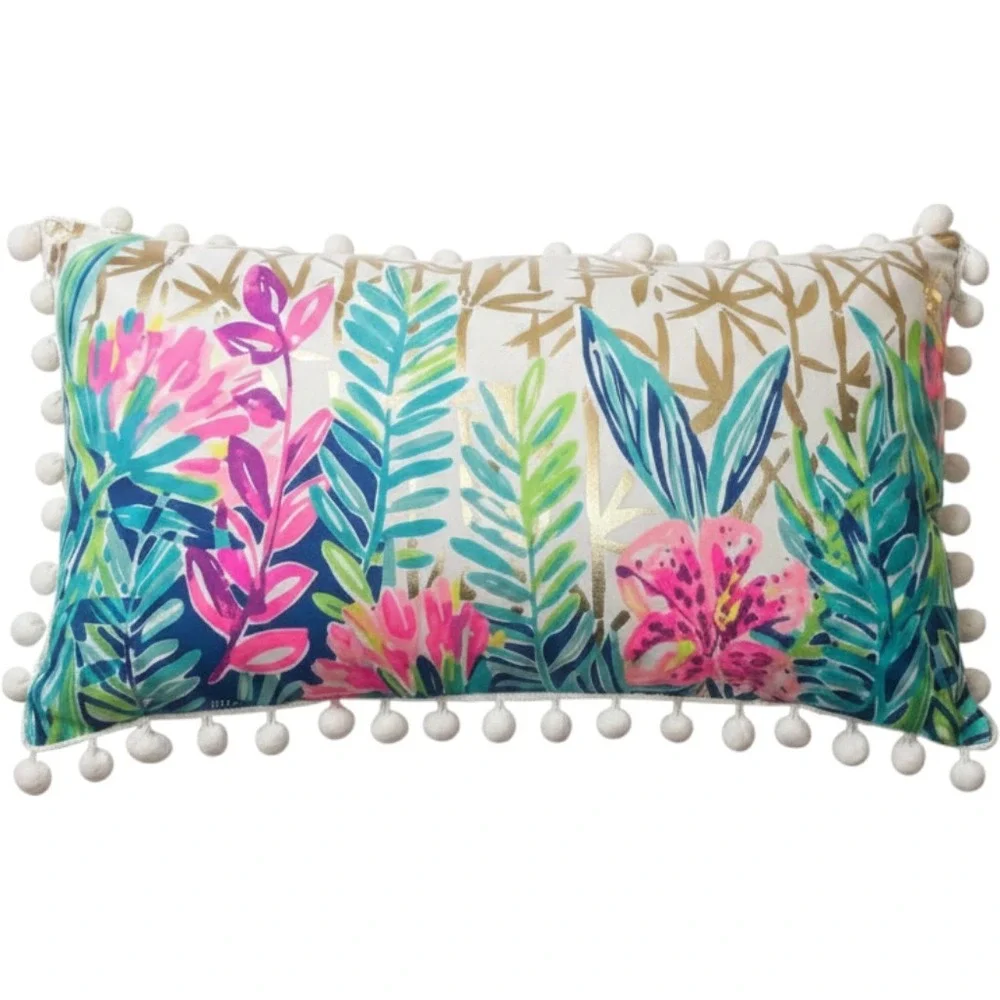 Lilly Pulitzer Bamboo Floral Lumbar Pillow OS Multi Gold Cotton Coastal Preppy